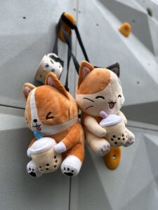 Two Climbing Buddy plushy bags, designed as a corgi and a cat holding boba drinks, hanging on a climbing wall.