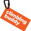 Climbing Buddy logo featuring an orange tag with the words 'climbing buddy' in bold white font, attached to a black carabiner on the top left corner